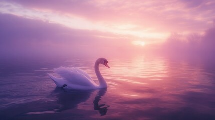 Fototapeta premium Serene swan swimming lake sunrise misty dawn peace