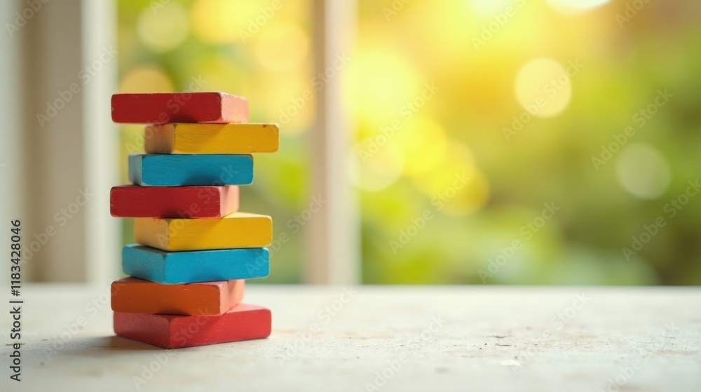Poster A stack of colorful wooden blocks against a blurred nature background, symbolizing growth, development, and building a future