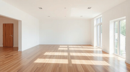 A minimalist interior design an empty, light-filled room with hardwood floors, an open floor plan, a large window, soft gentle light, diffused shadows, subtle illumination