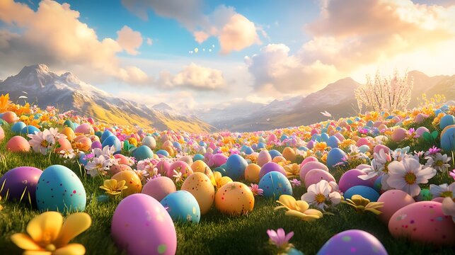 Easter eggs scattered in a vibrant field during a lively spring festival