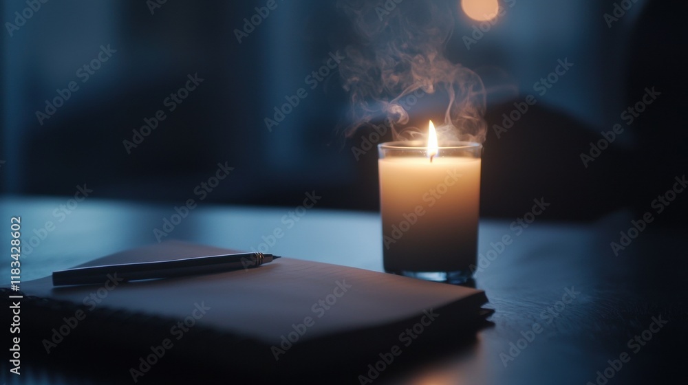 Poster a candle is lit on a table next to a notebook