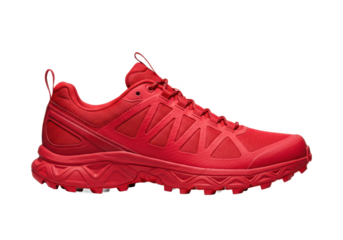 Side view of red trail running shoe or trekking boot isolated on white background, no depth of field, sharp.