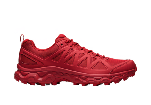 Side view of red trail running shoe or trekking boot isolated on white background, no depth of field, sharp.