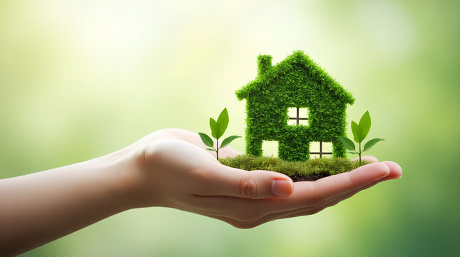 Hand holding Green Building for Sustainable Development Concept