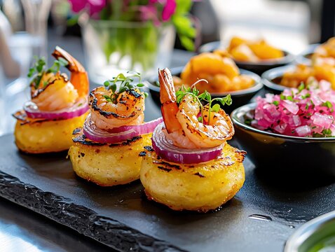 Gourmet Grilled Shrimp Appetizers on Potato Cakes with Red Onion