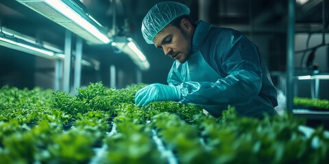 Young man in protective gear inspecting fresh lettuce