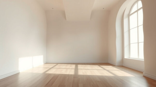 A minimalist interior design an empty, light-filled room with hardwood floors, an open floor plan, a large window, soft gentle light, diffused shadows, subtle illumination