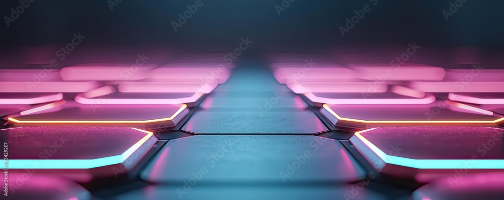 Poster floor abstract background concept. futuristic neon floor with glowing geometric patterns in vibrant 