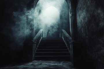 Dark Staircase Leads Upward into Mysterious Light, Gothic Architecture with Fog, Mystery, Spooky, Fantasy Background.