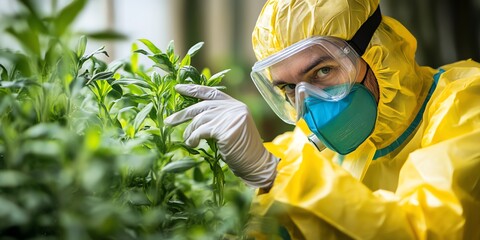 Young man in protective gear inspecting fresh lettuce