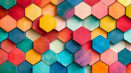 Colorful hexagonal tiles arranged in a visually striking geometric pattern, showcasing vibrant hues and textures that enhance any creative project or interior design concept.