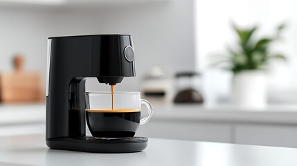 Espresso machine brewing coffee into a glass cup on kitchen counter.