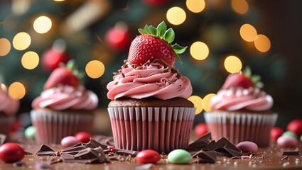 Strawberry Chocolate Cupcake with Holiday Lights and Festive Decor