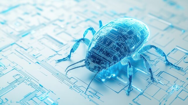 3D-rendered computer hologram outlined in neon blue, with intricate tech circuits on a clean white grid layout. Futuristic technology.