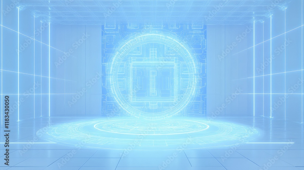 Poster 3d-rendered computer hologram outlined in neon blue, with intricate tech circuits on a clean white g