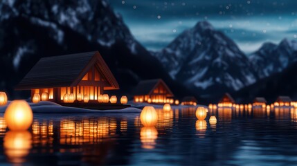 Fototapeta premium Serene Night View of Lanterns on Calm Water Near Mountain Cabins