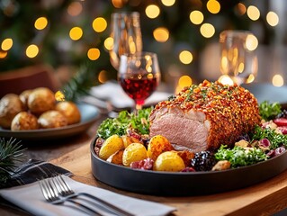 Festive Roast Dinner with Roasted Potatoes and Red Wine