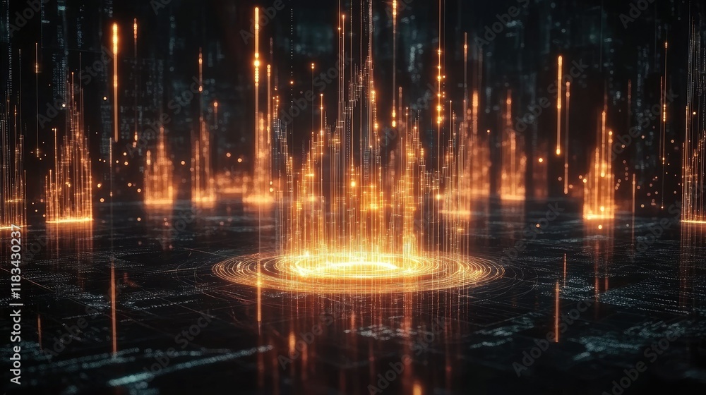 Poster 3d-rendered financial chart with luminous candlesticks, surrounded by dynamic data streams on a blac