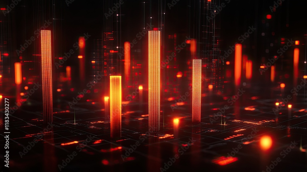 Poster 3d-rendered financial chart with luminous candlesticks, surrounded by dynamic data streams on a blac