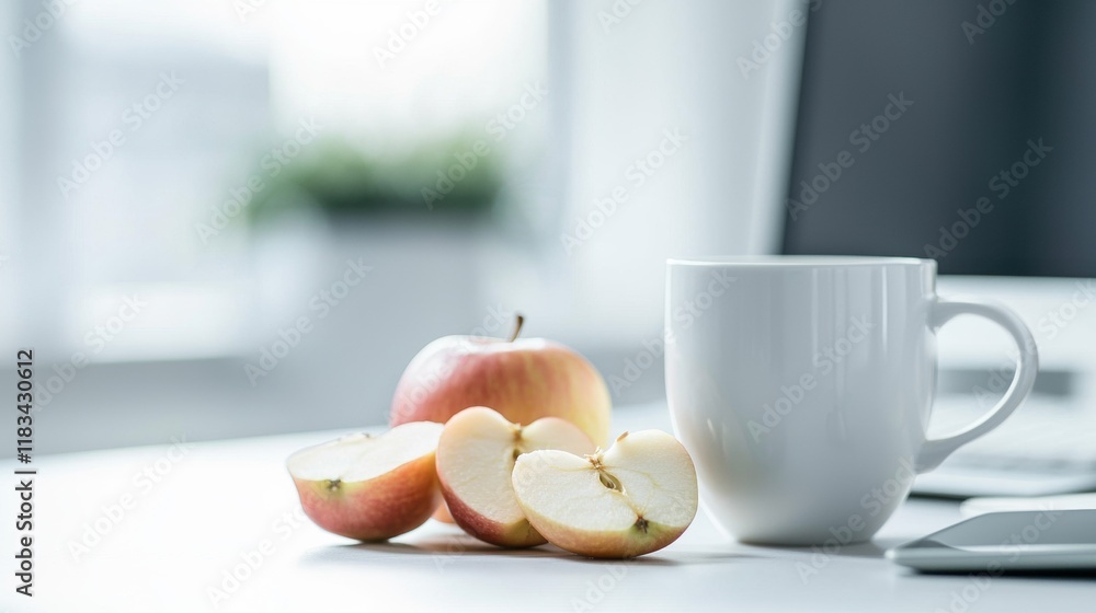 Poster a white mug with a sliced apple in it sits on a table