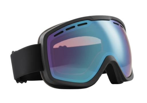 Angled view of a pair of ski goggles isolated on white background, no depth of field, sharp.