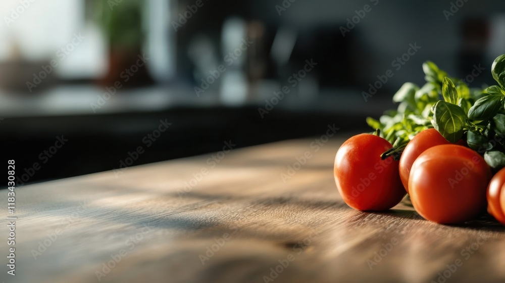 Poster a close up of a table with a bunch of tomatoes and basil