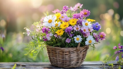 A basket of wildflowers sitting on a weathered garden bench with a soft-focus background
