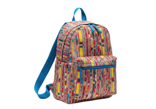 A multi-colored backpack with a blue strap isolated on white background, no depth of field, sharp.