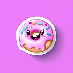Fototapeta premium Happy pink glazed donut with sprinkles cartoon sticker.