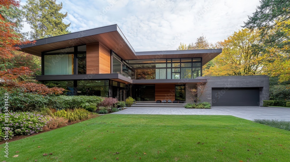Poster exploring modern architecture serene garden setting sleek lines and minimalist design outdoor space 