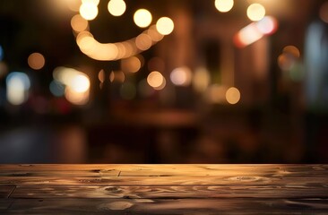 Empty wooden table top on blur light gold bokeh of cafe restaurant in dark background surrounded with light spots illusion.