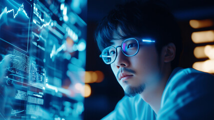 A designer working on a cybernetic prototype using holographic tools and augmented reality. The workspace is filled with digital interfaces, glowing wires, and futuristic tech, emb