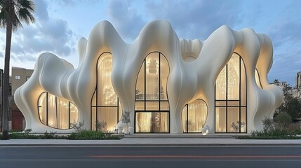 Artistic representation of abstract architecture, with flowing forms, sharp angles, and dynamic structures, creating a sense of movement and transformation in urban design