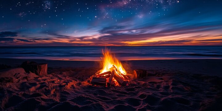 Wood fire glowing by the beach at night creates a warm ambiance, inviting relaxation and enjoyment. Experience the soothing atmosphere of wood fire evenings by the beach under the stars.