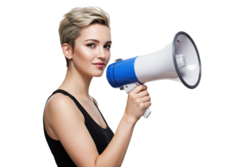 Woman with short blond hair holding a blue and white megaphone, isolated on white background