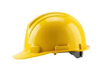 Yellow safety hard hat isolated on white background, side view, no depth of field, sharp.