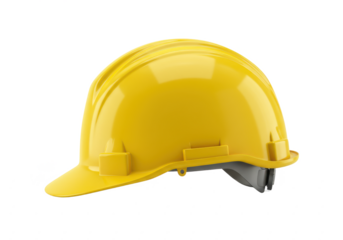 Yellow safety hard hat isolated on white background, side view, no depth of field, sharp.