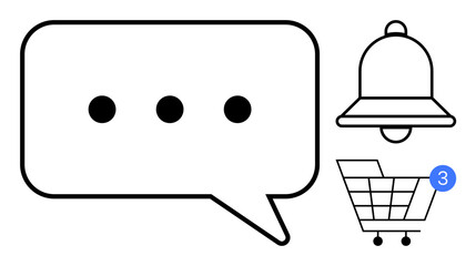 Speech bubble with ellipsis, bell icon, and shopping cart with notification badge. Ideal for messaging, alerts, e-commerce, communication, reminders notifications online shopping. Line metaphor