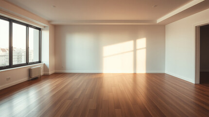 Obraz premium A minimalist interior design an empty, light-filled room with hardwood floors, an open floor plan, a large window, soft gentle light, diffused shadows, subtle illumination