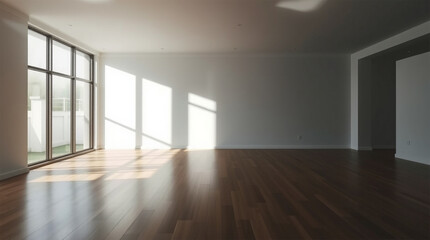 Obraz premium A minimalist interior design an empty, light-filled room with hardwood floors, an open floor plan, a large window, soft gentle light, diffused shadows, subtle illumination