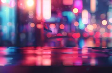 Empty wooden table top on blur light gold bokeh of cafe restaurant in dark background surrounded with light spots illusion.