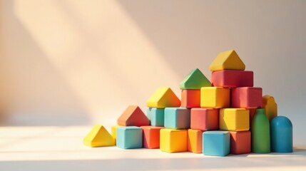 Pastel-colored wooden blocks arranged in a whimsical construction, bathed in soft sunlight