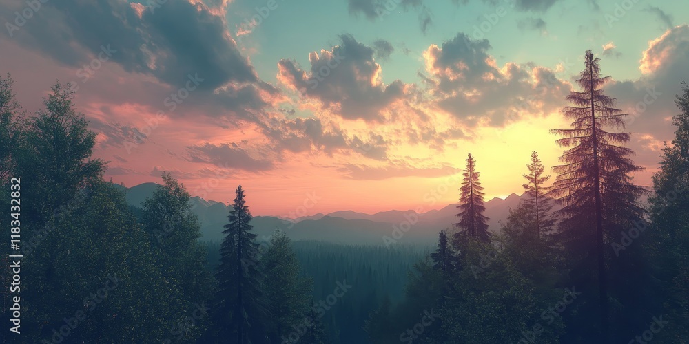 Poster stunning clouds and sky at sunset create a mesmerizing view over a lush coniferous forest filled wit