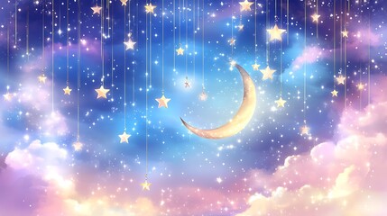 Hanging Stars Adorn A Pastel Sky With Crescent Moon