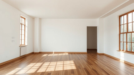 A minimalist interior design an empty, light-filled room with hardwood floors, an open floor plan, a large window, soft gentle light, diffused shadows, subtle illumination