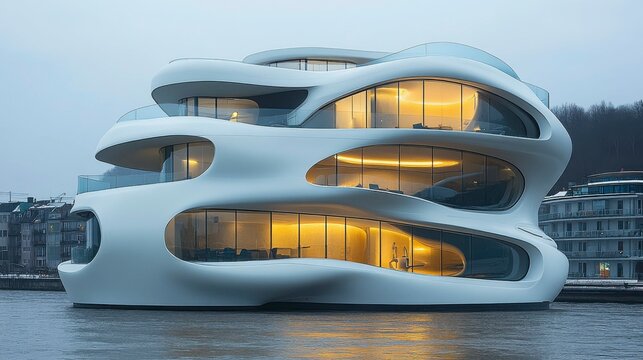 Abstract architectural design, with curved lines, fractured forms, and layered textures, showcasing the exploration of new spaces and building techniques in modern architecture