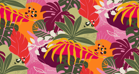 Bright vector seamless pattern with colorful tropical plants and flowers, palm leaves. Cute botanical abstract contemporary endless background.