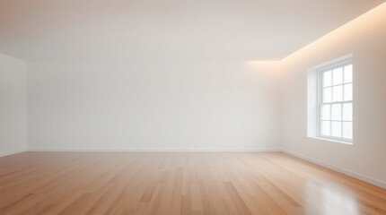 A minimalist interior design an empty, light-filled room with hardwood floors, an open floor plan, a large window, soft gentle light, diffused shadows, subtle illumination