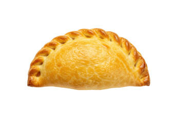 Golden baked empanada isolated on white background, top angled view, no depth of field, sharp.