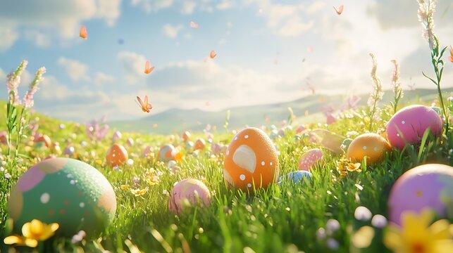 Festive Easter eggs scattered in a vibrant field during a sunny spring festival